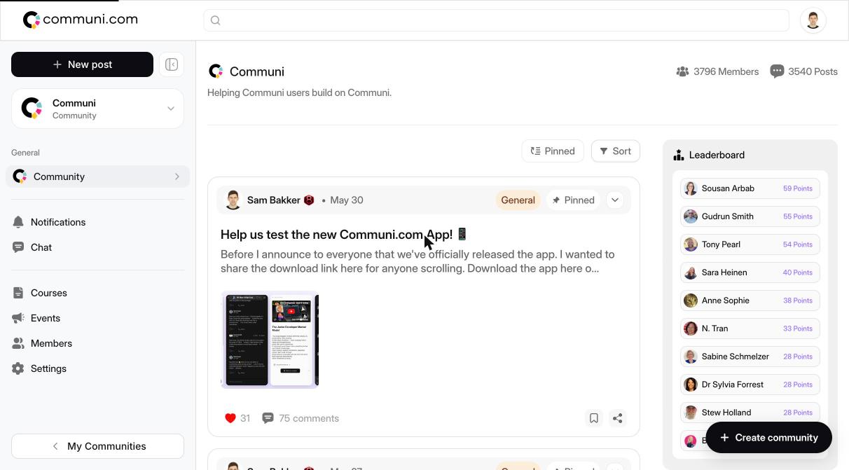 The complete Communi dashboard layout